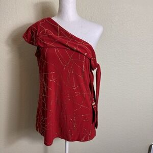 Toto Womens Blouse Top One Shoulder Red with Gold Sparkly Design Size 2X Holiday